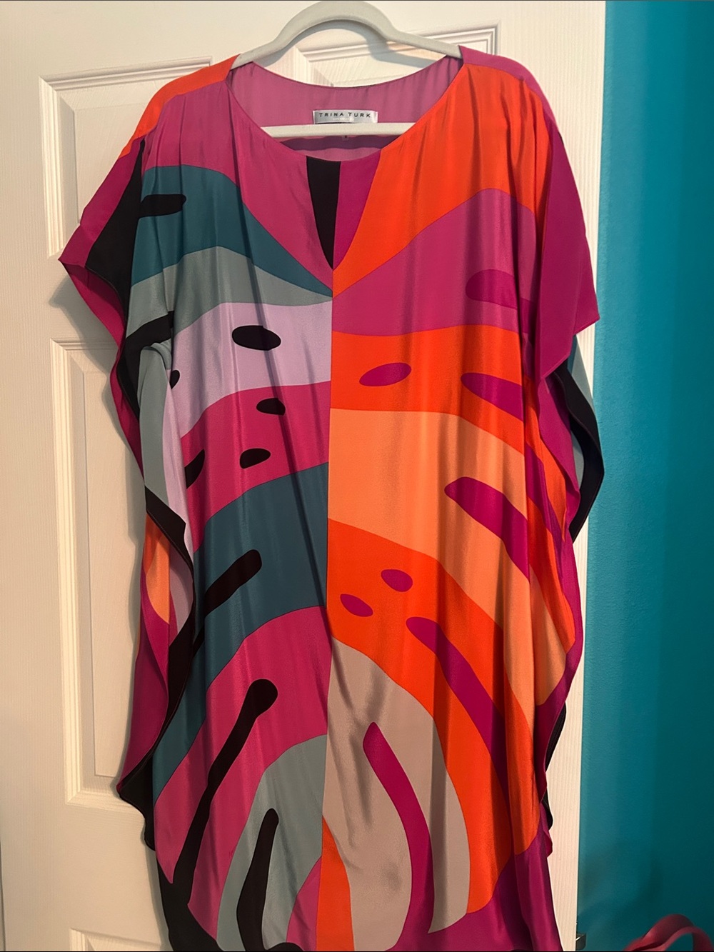 100% SILK Trina Turk Multicolor Abstract Colorblock Kaftan - Pink, Orange, Teal
